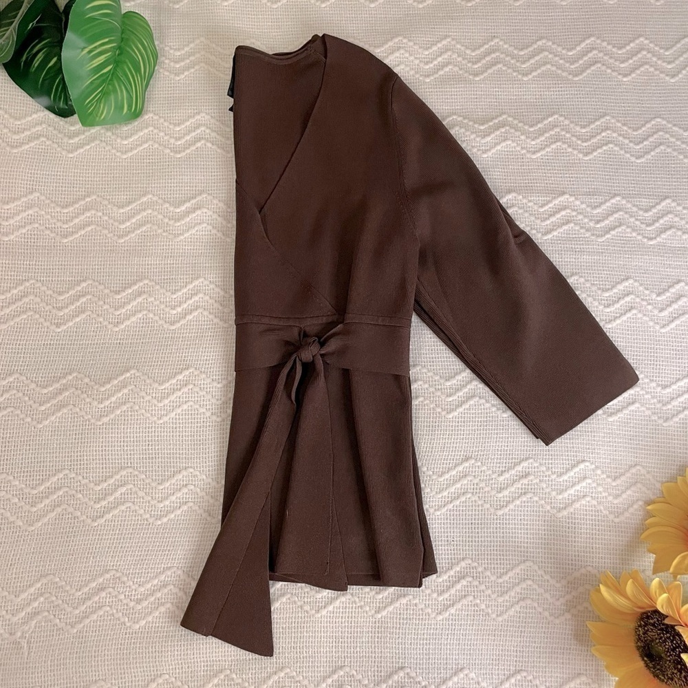 Women’s Wrap Sweater V-Neck Brown - Picture 2 of 6